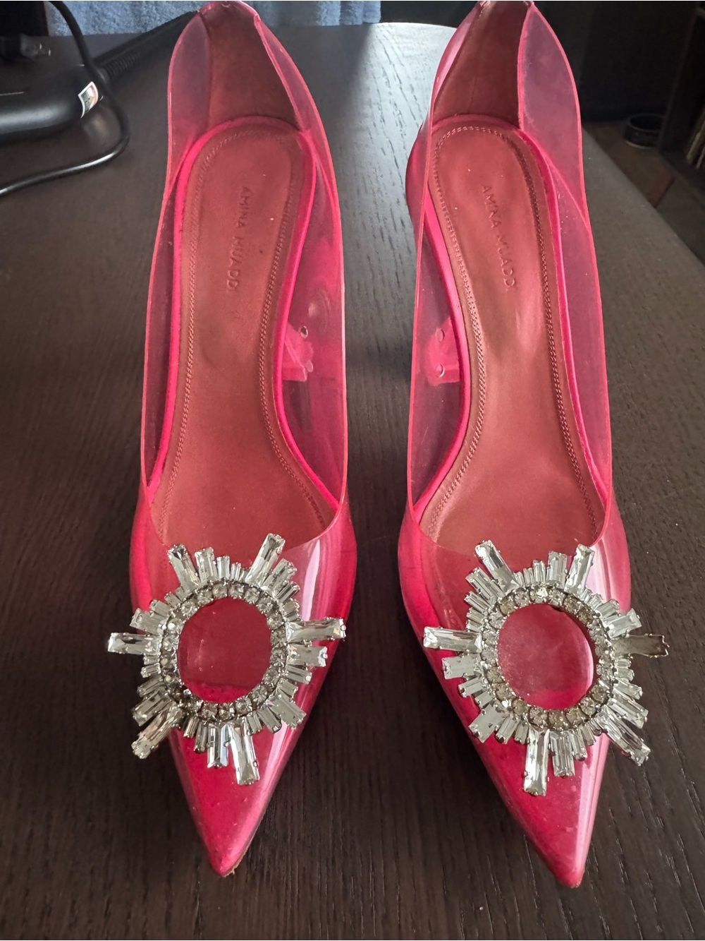 Amina Muaddi Pink PVC Crystal Buckle Pumps Heels Size 37.5 Made in Italy
